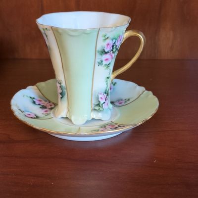 Haviland Limoges Porcelain Cup and Saucer Set with Pink Roses and Green Accents