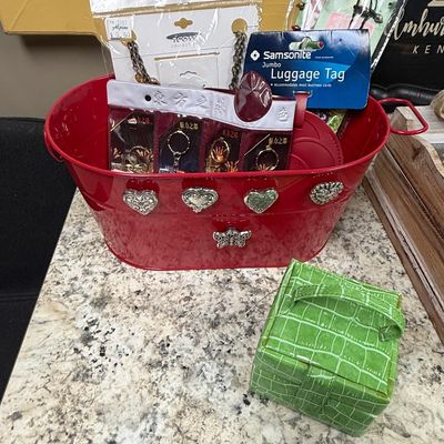 Red Oval Metal Decorative Bin with Accessories
