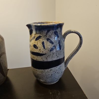Studio Pottery Stoneware Pitcher with Cobalt Blue Brushwork