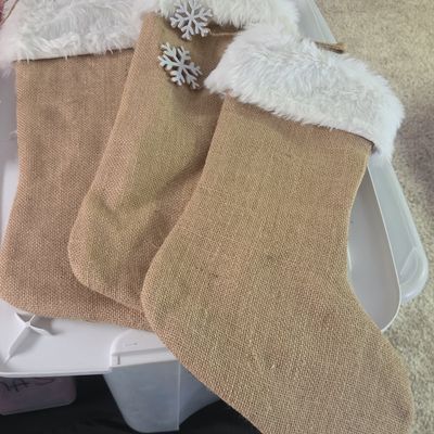 Set of Three Burlap Christmas Stockings