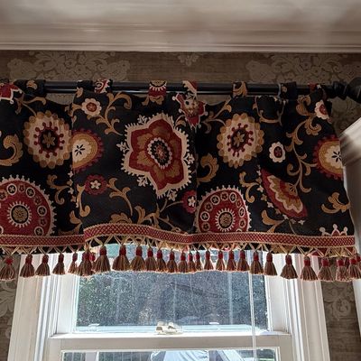 Jacobean Floral Tab-Top Window Valance with Tassel Fringe and Gimp Trim