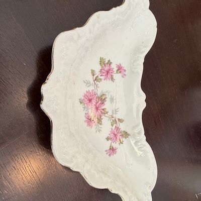 Vintage Porcelain Pink Floral Bone Dish with Gold Trim