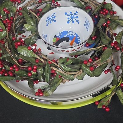 Christmas Enamelware Snowman Bowl and Tray Set