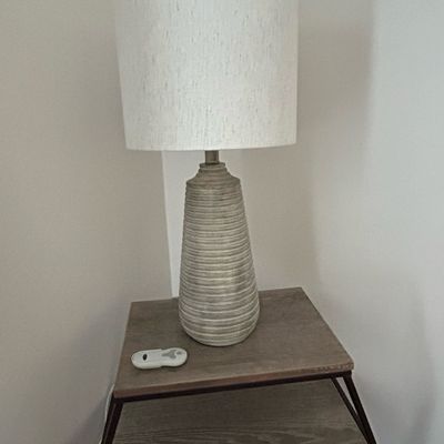 StyleCraft Haver Hill Light Tan Wood with Ribbed Silver Band Table Lamp