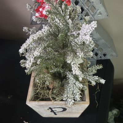 Flocked Artificial Christmas Tree in Monogrammed Wooden Box with Gingham Bow
