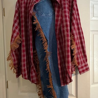 Upcycled Plaid Denim Jacket with Fringe