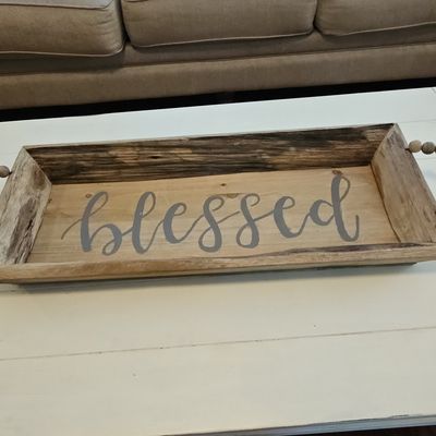 Rustic Wood Decorative Tray with Beaded Handles - 'Blessed'