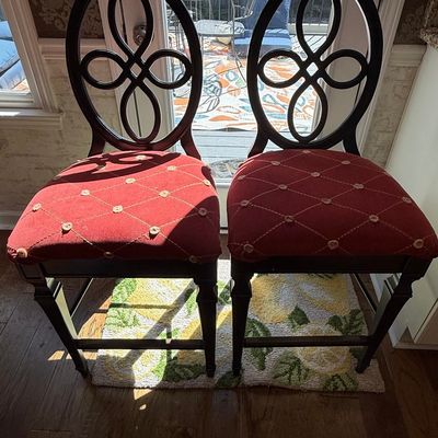 Pair of Oval Back Bar Stools with Red Diamond Tufted Upholstery