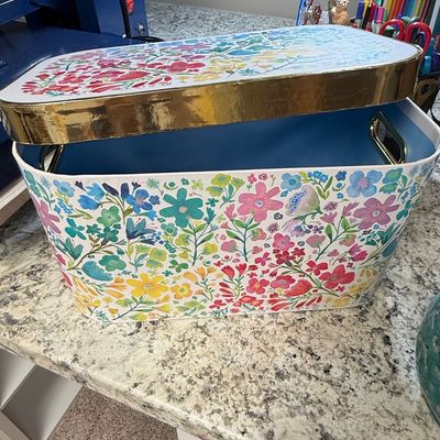 Floral Patterned Metal Storage Bin with Lid