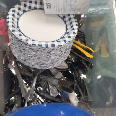 Demdaco Glass Fusion Pop-Ins and Blue Gingham Disposable Tableware Lot