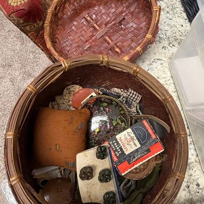 Vintage Chinese Woven Sewing Basket with Notions