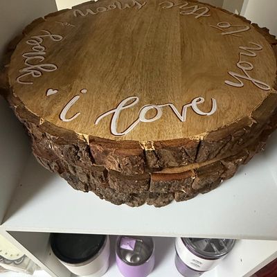Rustic Live-Edge Wood Serving Platter with 'I love you to the moon and back' inscription