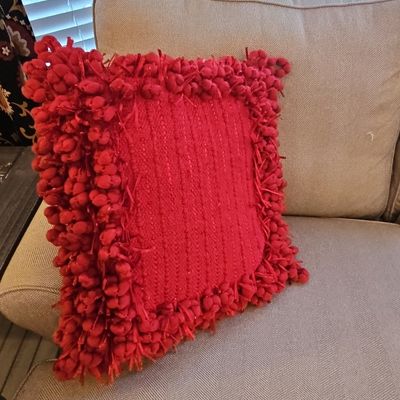 Red Pom-Pom Textured Throw Pillow