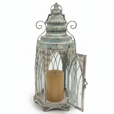 Distressed Metal Candle Lantern with Arched Cut-outs