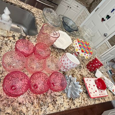 Vintage Pink Hobnail Glass Collection with Assorted Serveware