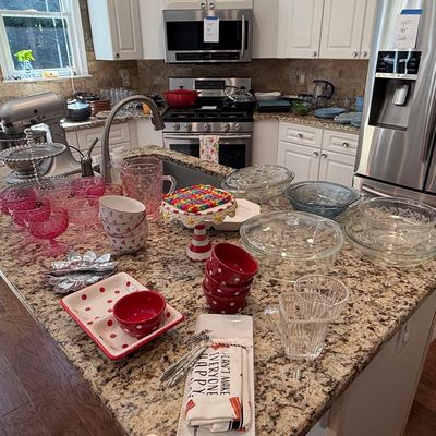 Assorted Kitchenware Collection with Pink Depression Glass and Red Polka Dot Ceramics