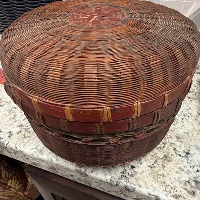 Vintage Chinese Woven Sewing Basket with Notions