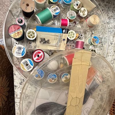 Vintage Sewing Notions and Thread Assortment in Rotating Organizer