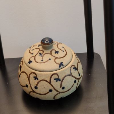 Hand-Painted Ceramic Covered Sugar Bowl with Floral Vine Motif