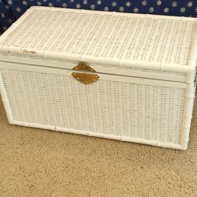 White Faux Bamboo Wicker Storage Trunk with Brass Hardware
