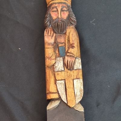 Hand-Carved Wooden King Figurine with Cross Shield