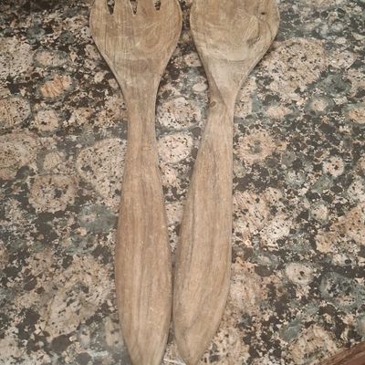 Vintage Hand-Carved Olive Wood Salad Servers