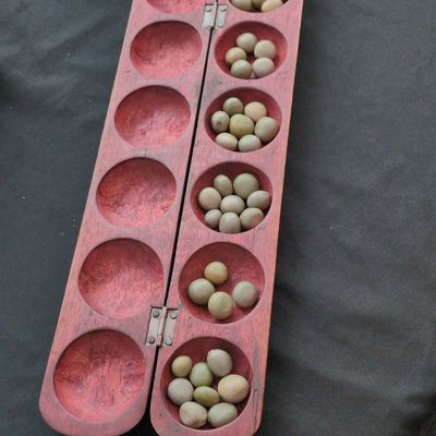 Vintage Hand-Carved Wooden Oware Mancala Game Board