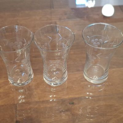 Set of Three Vintage Etched Floral Cordial Glasses