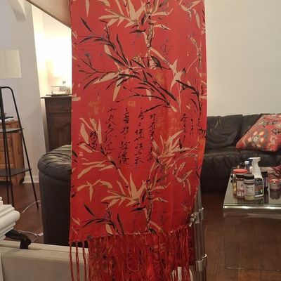 Chinese Red Bamboo Calligraphy 100% Silk Scarf