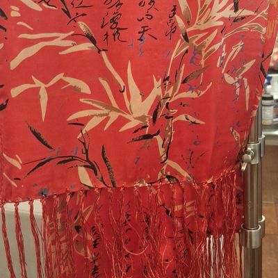Chinese Red Bamboo Calligraphy 100% Silk Scarf