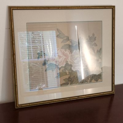 Vintage Chinese Silk Painting of Peonies and Butterfly in Gilt Frame