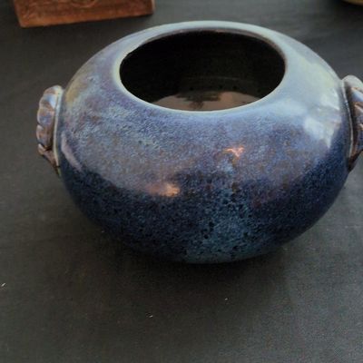 French Art Deco Glazed Ceramic Jardinière with Lug Handles