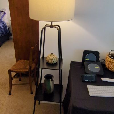 Mid-Century Modern Style Metal Etagere Floor Lamp with Wood Shelves