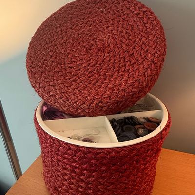 Vintage Round Braided Jute Sewing Basket with Lid and Insert