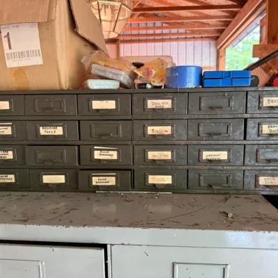 Sale Photo Thumbnail #308: Vintage 24-Drawer Industrial Steel Small Parts Organizer Cabinet with Hardware Contents – Belmont Off-Site