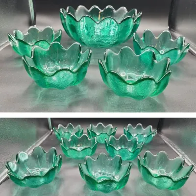 Sale Photo Thumbnail #352: Green Blenko Art Glass Lotus Salad Set - Centerpiece Bowl and 12 Salad Bowls
