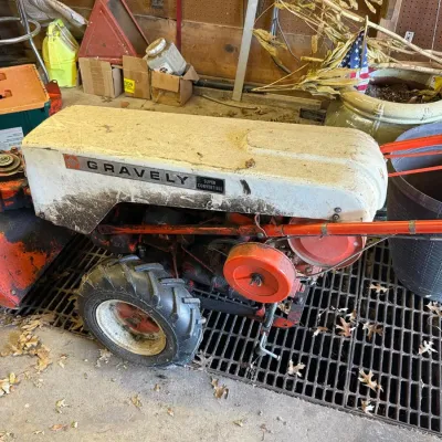 Sale Photo Thumbnail #320: Gravely Super Convertible Vintage Walk-Behind Two-Wheel Tractor with Rotary Cutter Attachment – White Cloud