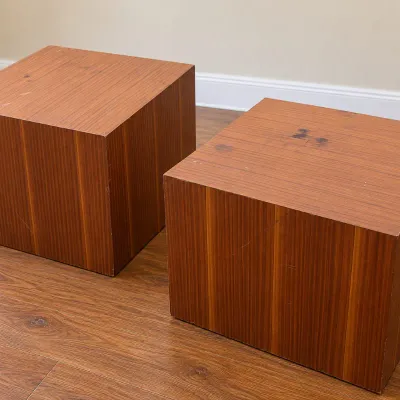 Sale Photo Thumbnail #329: Pair Stow and Davis Mid-Century Modern Minimalist Wood Veneer Cube Side Tables