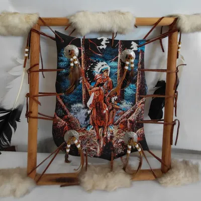 Sale Photo Thumbnail #299: Native American on Horse Hand Painted on Stretched Hide with Fur and Feathers Wall Art