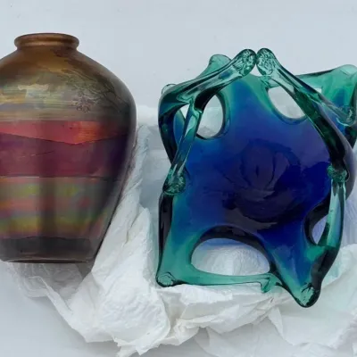 Sale Photo Thumbnail #333: Weller LaSa Iridescent Luster Pottery Vase & Vintage Murano Art Glass Dish - Green/Blue
