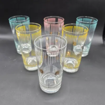 Sale Photo Thumbnail #355: Set of 6 Mid-Century Fred Press Gold Atomic Starburst Highball Glasses