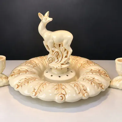1930s–40s Red Wing Acanthus Console Set – Deer Flower Frog & Candlesticks