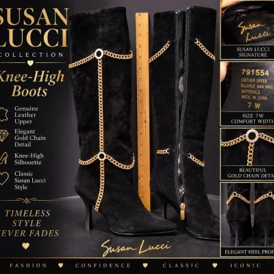 New Susan Lucci Black Suede Knee-High Boots with Gold Chain – Size 7W