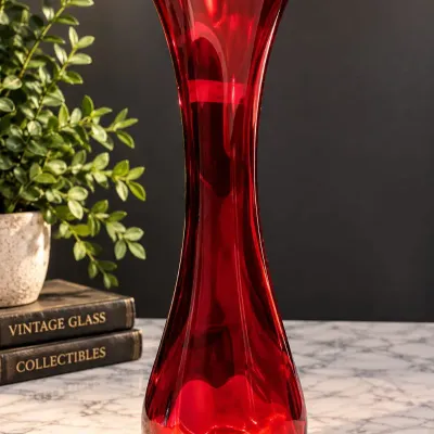 Tall Ruby Red Swung Glass Vase – Ruffled Rim, 16"+
