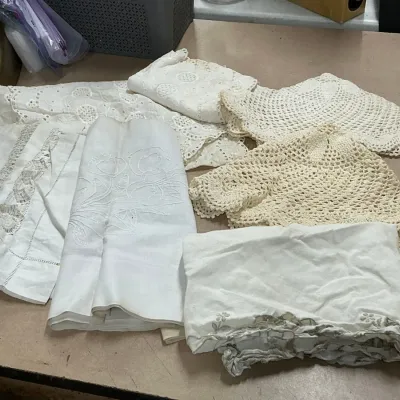 7-Pc Vintage Linen Lot – Embroidered, Lace & Hand-Crocheted