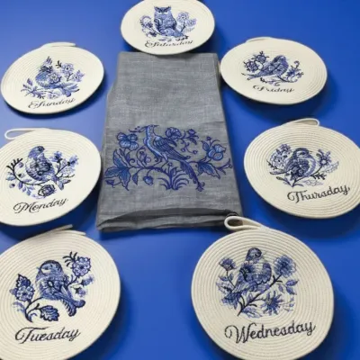 Days-of-the-Week Blue & White Embroidered Trivets + Towel – 8 Pc