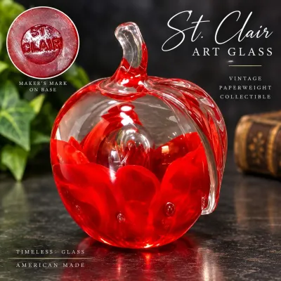 St. Clair Hand-Blown Red Glass Apple Paperweight – Signed