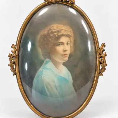 Large Brass Oval Portrait Frame with Convex Glass & Lady Print