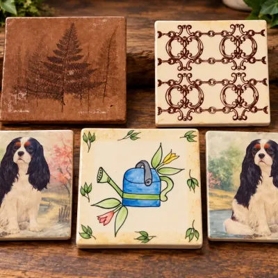 Sale Photo Thumbnail #360: 5 Decorative Ceramic Tile Coasters - Mikasa, Dogs, Fern & Scroll Designs