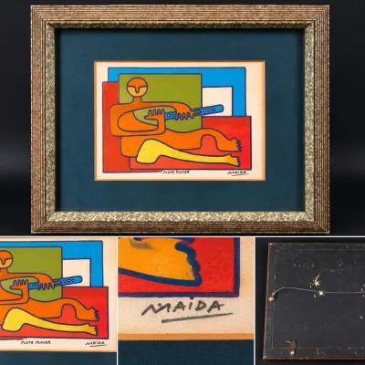 Signed Mid-Century Modern Abstract Flute Player Art – Framed